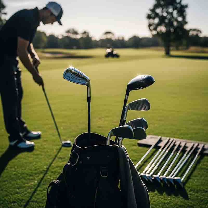 Ein Golfer im Hintergrund bereitet sich auf einen Schlag vor, während eine Golftasche mit Schlägern im Vordergrund steht. Daneben liegen weitere Schläger. Das Bild vermittelt die Atmosphäre eines Golf Fittings, bei dem Schläger auf den Spieler abgestimmt werden.