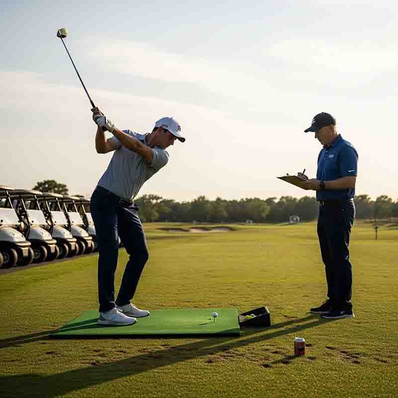 Ein Golfer führt einen Schwung auf einer Matte aus, während ein Trainer mit einem Klemmbrett daneben steht. Im Hintergrund sind Golfwagen aufgereiht.