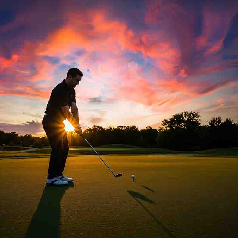 Ein Golfer bereitet sich bei Sonnenuntergang auf einen Schlag vor. Die Sonne scheint durch seine Silhouette, während sich am Himmel farbenfrohe Wolken in Orange, Pink und Blau abzeichnen.