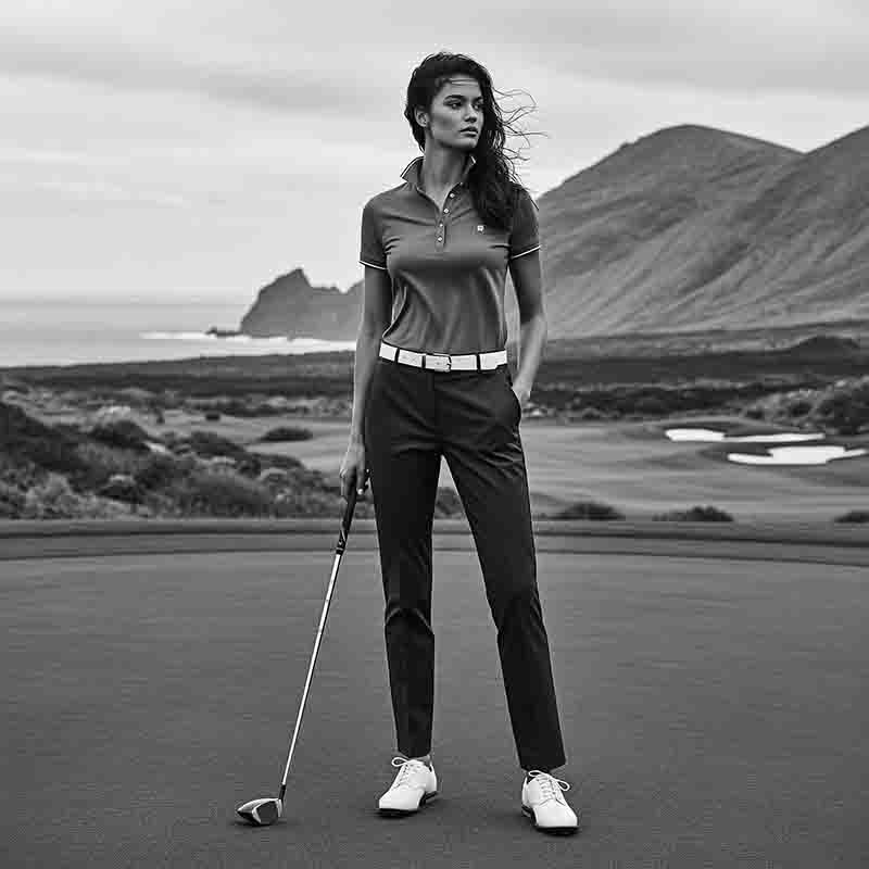 Ein elegantes Schwarz-Weiß-Foto einer Golferin in voller Aufnahme, die auf einem Golfplatz auf den Kanaren steht.