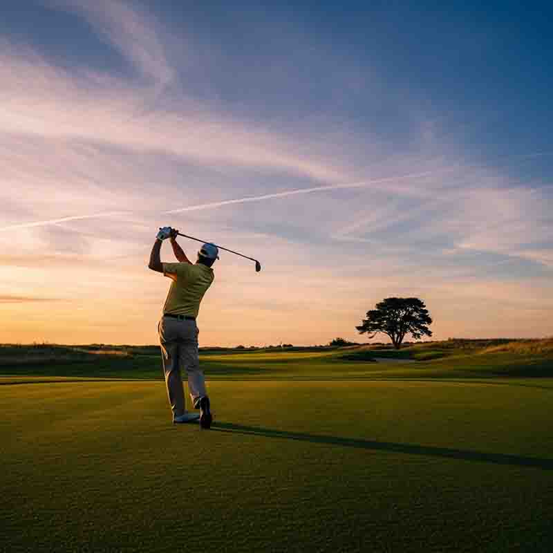 Ein Golfer im gelben Poloshirt ist von hinten während eines Golfschwungs zu sehen. Er steht auf einem grünen Golfplatz. Der Hintergrund zeigt eine weite Landschaft und einen einzelnen Baum vor einem klaren Himmel im Sonnenuntergang.