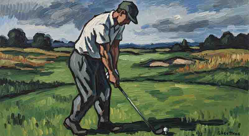 Eine Darstellung eines Golfers in einem expressionistischen Malstil. Das Bild zeigt einen Mann in einem weißen Hemd und einer dunklen Hose, der in der Hocke steht, um einen Golfball zu schlagen. Die Szene ist von dynamischen, sichtbaren Pinselstrichen geprägt, die dem Gras und dem dramatischen, bewölkten Himmel Textur und Bewegung verleihen. Im Hintergrund sind ein Bunker und Bäume zu erkennen.