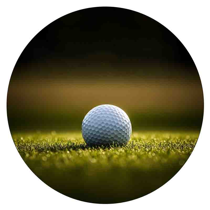 Eine Nahaufnahme eines weißen Golfballs auf dem grünen Gras. Der Ball ist scharf fokussiert, während der Hintergrund unscharf und in warmes, goldenes Licht getaucht ist. Die typische Oberflächenstruktur des Balls und einzelne Grashalme sind klar zu erkennen.