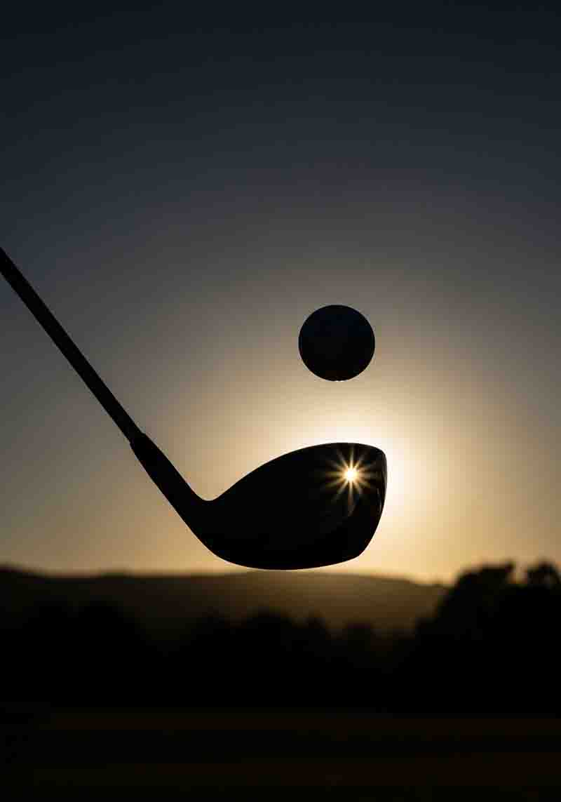 Eine dramatische, vertikale Aufnahme, die die Silhouetten eines Golfschlägers und eines Golfballs vor dem Sonnenuntergang zeigt. Der Schlägerkopf trifft den Ball, wobei die Sonne direkt hinter dem Aufprall einen strahlenden Lichtstern bildet.