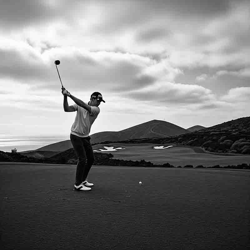 Ein Schwarz-Weiß-Foto zeigt einen Golfspieler auf den Kanaren in voller Schwungbewegung (durchgezogen), bevor er den Ball geschlagen hat.