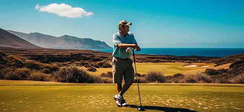 Ein farbiges Foto eines männlichen Golfspielers, der auf einem sonnigen Golfplatz auf den Kanaren steht und in die Ferne blickt.