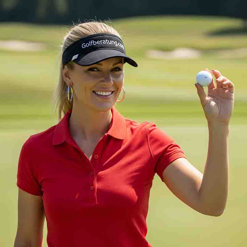 Eine Frau in einem roten Poloshirt und einem schwarzen Visor mit der Aufschrift https://golfberatung.com hält einen Golfball in ihrer rechten Hand. Sie steht auf einem grünen Golfplatz.